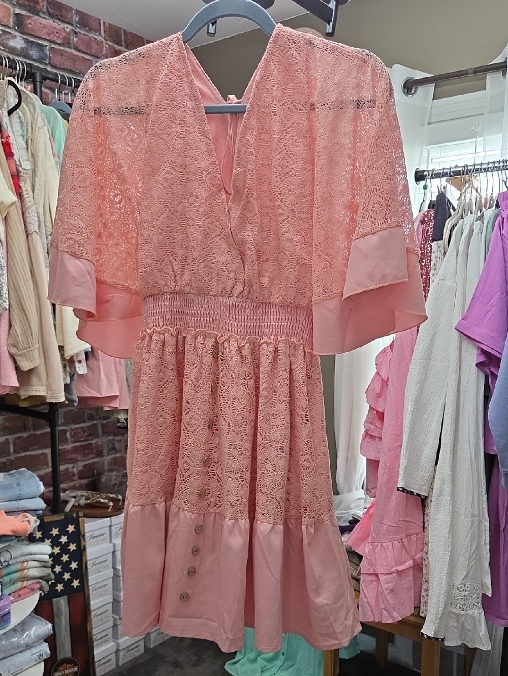 Peach Lace Flutter Sleeve Dress